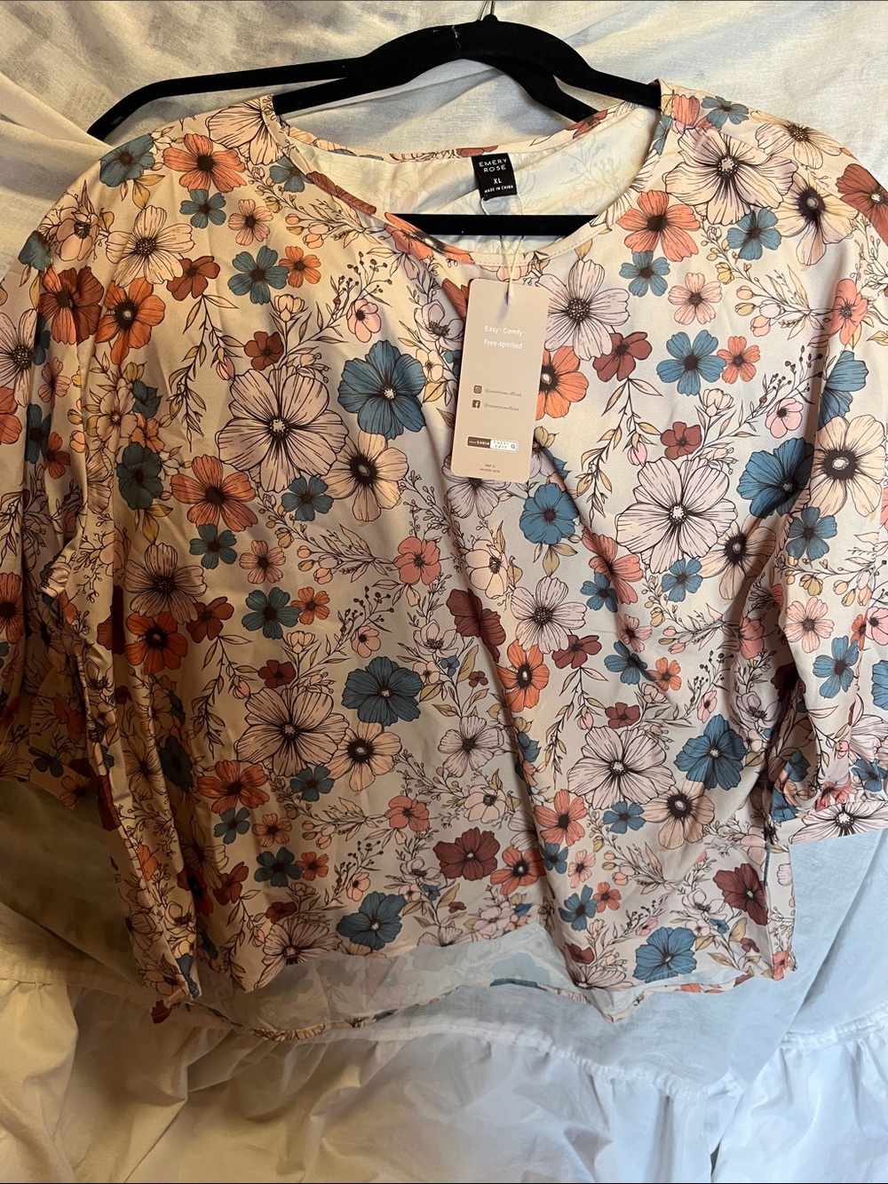NWT Emory Rose Cream Floral Blouse with Blue & Pink Blooms
